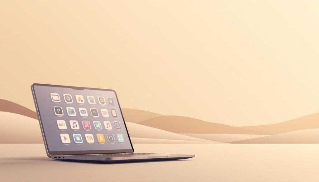 A modern, minimalist illustration of the concept of digital products. In the foreground, a sleek, stylized laptop or tablet device, its screen depicting a selection of digital icons representing various software applications, e-books, music files, and other digital content. In the middle ground, abstract geometric shapes and patterns in a muted color palette, creating a sense of depth and visual interest. The background features a clean, minimalist landscape with subtle gradients, hinting at the boundless potential and accessibility of digital products. Soft, diffused lighting creates a warm, inviting atmosphere, conveying the approachability and user-friendliness of digital products.