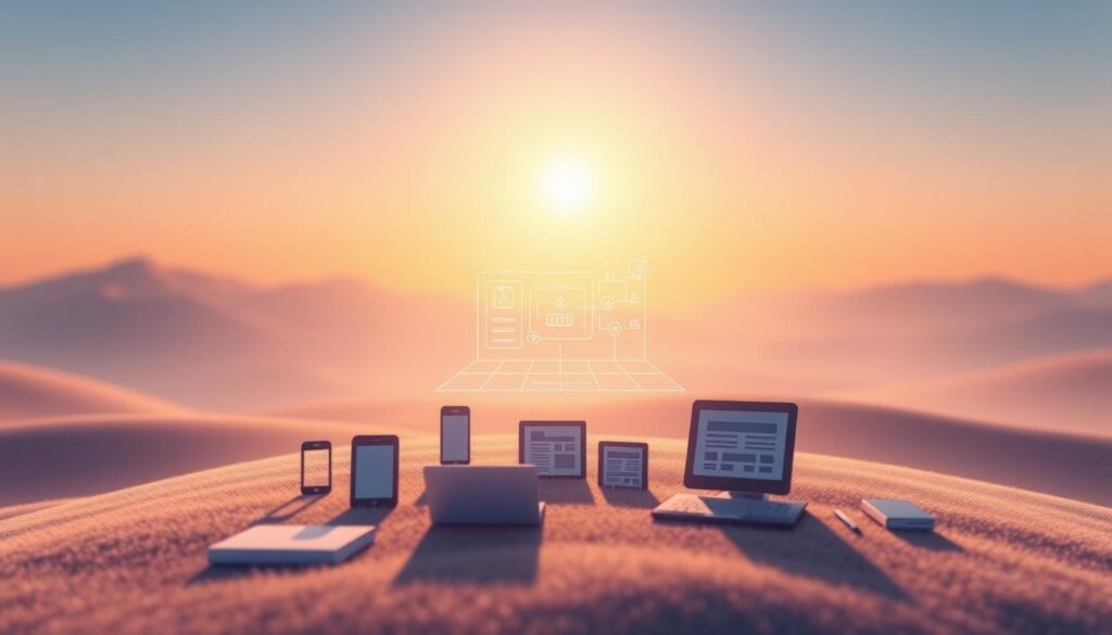 A serene digital landscape with a central focus on the definition of digital products. In the foreground, a stylized depiction of various digital items - software, apps, e-books, online courses, and digital media files. The middle ground features a minimalist wireframe or blueprint-style visualization, representing the technical infrastructure and design elements that underpin digital products. The background showcases a soft, ethereal gradient, creating a sense of depth and emphasizing the intangible, immaterial nature of the subject matter. Diffused lighting casts a warm, inviting glow, and the composition is balanced, with a clean, modern aesthetic.